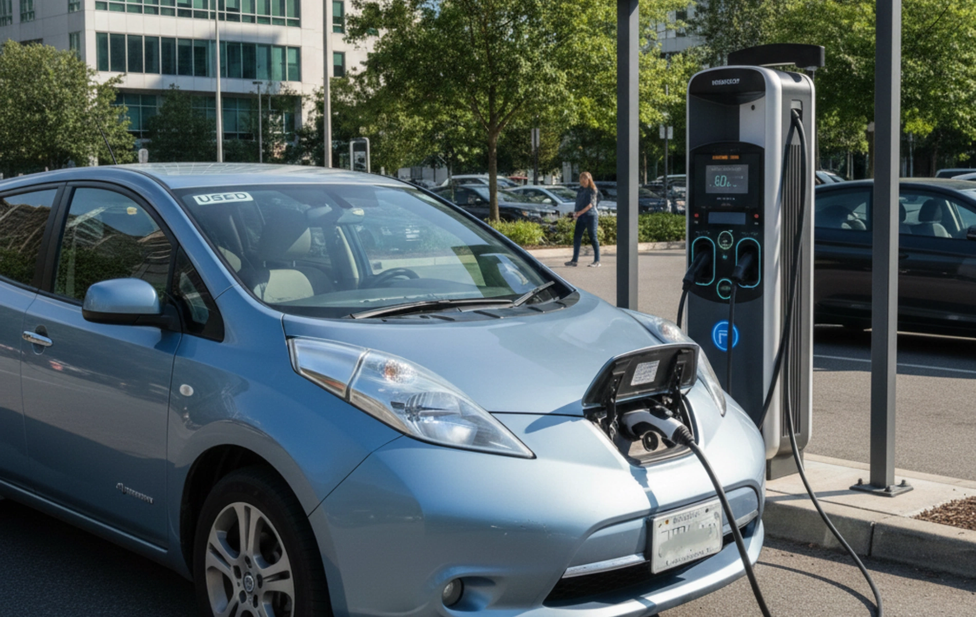 รถไฟฟ้ามือสองกำลังชาร์จที่สถานีชาร์จสาธารณะสำหรับผู้ใช้ EV มือใหม่